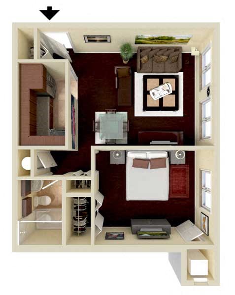 Floor plan for 1 bed, 1 bath, 510 sqft